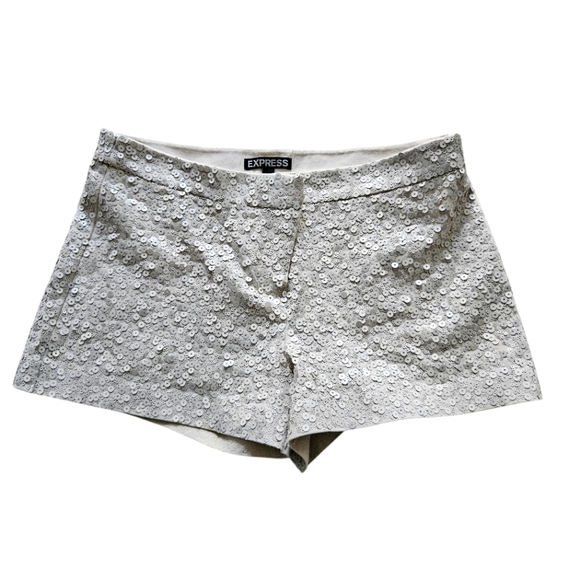 Express Cream Beige Sequin Sequined Mini Shorts Size 0 - Picture 1 of 4